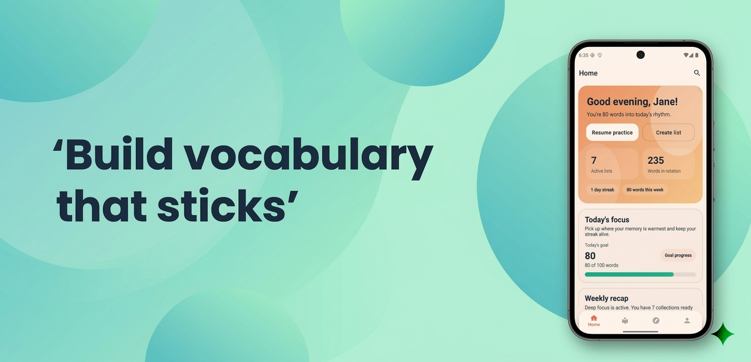 Fluently relaunch banner showing the Build vocabulary that sticks tagline and the redesigned app home screen
